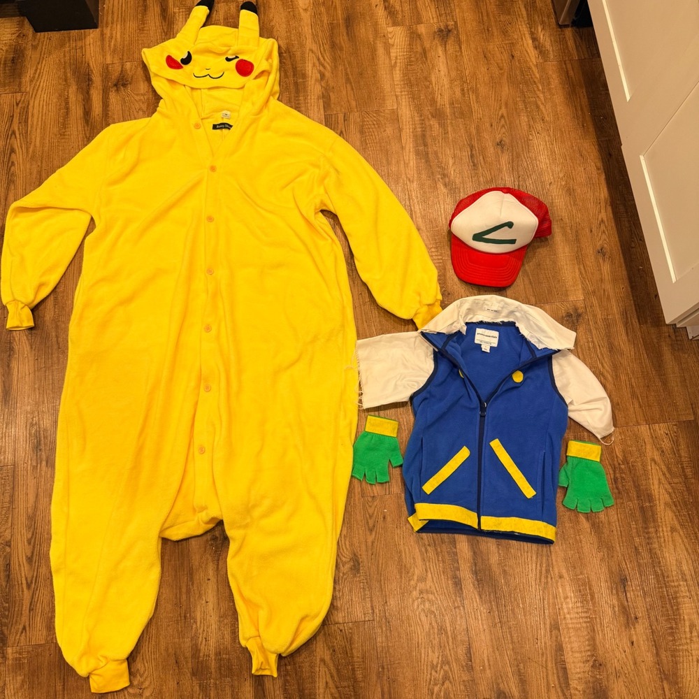 Pikachu Jumpsuit & Ash Ketchum Custom Cosplay Costume Set Yellow Blue Red